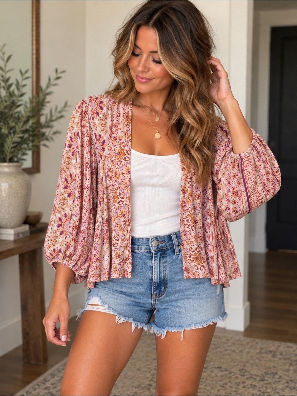 Boho Western Cottagecore Floral Multicolor Open-Front Kimono Cardigan. XXL